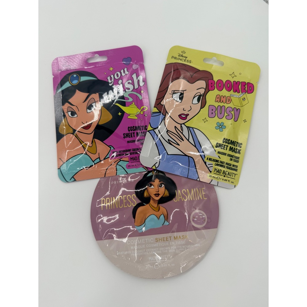 Disney Princess Mad Beauty Cosmetic Sheet Mask Set Jasmine Belle 3 Pack NEW